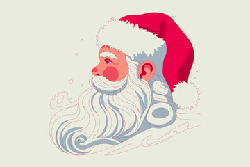 Whimsical Santa Claus Illustration with Flowing Beard and Festive Red Hat