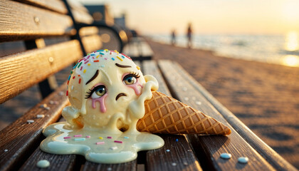  melting ice-cream cone slumped on bench