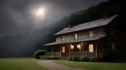 A rustic log cabin illuminated by moonlight and mist in a forested mountain landscape at night