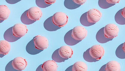 Trendy summer pattern made with pink strawberry ice cream scoops arranged on a bright 