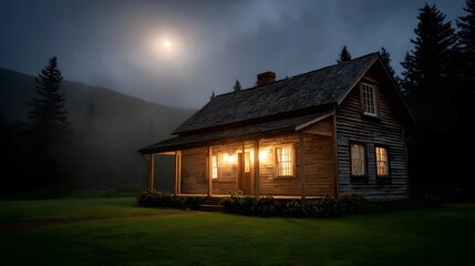 Rustic log cabin illuminated by warm lights under a misty moonlit sky in a remote forest setting