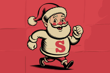Cheerful Santa Claus Running in Vintage Style with Bold Red Background for Holiday Cheer
