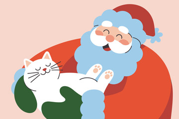 Jolly Santa Claus Joyfully Holding a Content White Cat Against a Soft Pastel Background
