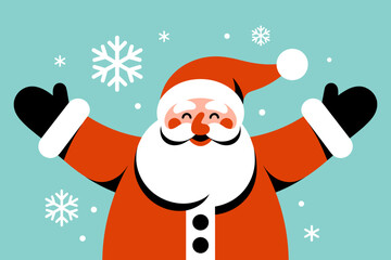 Cheerful Cartoon Santa Claus Spreading Holiday Joy with Snowflakes on a Soft Blue Background