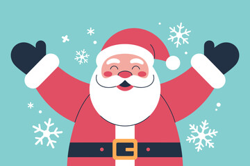 Cheerful Santa Claus Spreading Holiday Joy with Snowflakes in Bright Turquoise Background