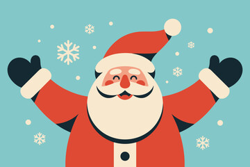 Cheerful Santa Claus Spreading Holiday Joy with Snowflakes in a Festive Light Blue Background