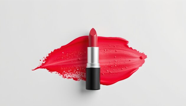 This is an advertisement of a red lipstick product with a bold and vibrant color scheme