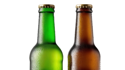 Crisp Libations: A duo of chilled, refreshing beer bottles standing, inviting refreshment. The cool condensation on the glass hints at the delightful taste within, perfect for quenching thirst.