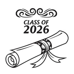 Sophisticated graduation diploma design for the class of 2026, , adorned with decorative swirls and a tied ribbon, representing academic excellence