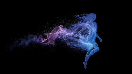 Abstract ethereal female form in motion digital art with particle effects and vibrant colors flowing