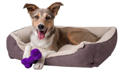 Happy Dog in Bed: A joyful canine rests contentedly in its cozy bed, a vibrant purple toy bone nestled at its paws.
