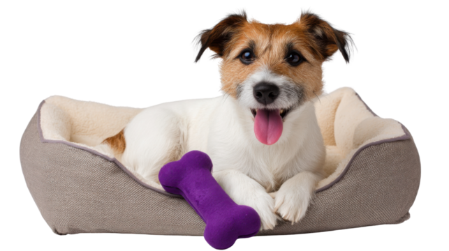 Cozy Companion: A charming pup finds ultimate comfort within its plush bed, a cheerful presence, and a playful purple bone.