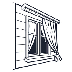 Illustration of a window with a curtain featuring a classic window design with a draped curtain in a clean and simple line art style
