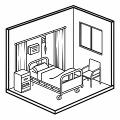 Isometric illustration of a hospital room featuring a bed, bedside table, chair, window, and privacy curtains in a clean and simple design