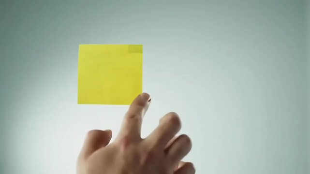 Hand placing a yellow sticky note on a board, office reminder, seamless loop.