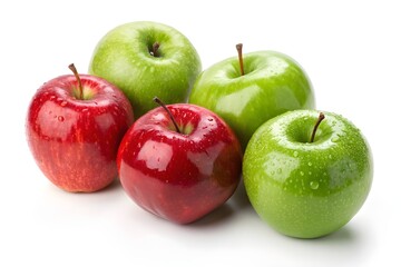 A collection of fresh apples, the photo may be submitted as stock content. Three green apples and two red apples are grouped together.

