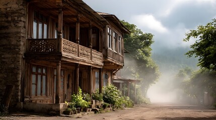 A traditional rustic wooden house with ornate balconies and porches sits beside a dusty rural road with mist rolling in the background