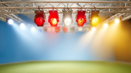 A vibrant stage featuring colorful spotlight beams, ideal for events, performances, or theatrical presentations.