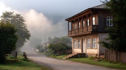 Misty morning scene in a rustic village with a traditional wooden house