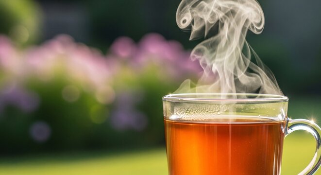 Steaming Hot Tea in Glass Cup Outdoors with Blurred Garden Background