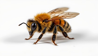 A bee standing on a flat surface. The bee appears to be in focus with its antennae and wings visible, capturing attention with its distinct yellow and black pattern