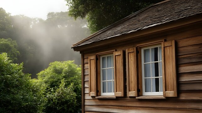 A rustic timber cabin with wooden shutters surrounded by lush trees in atmospheric morning mist