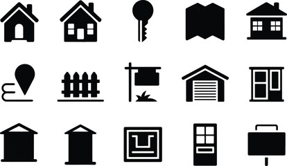 Real estate and property icons set in simple black design