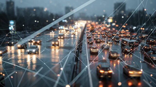 High-tech visualization of a busy multilane highway during evening rush hour with vibrant lights and complex network connections