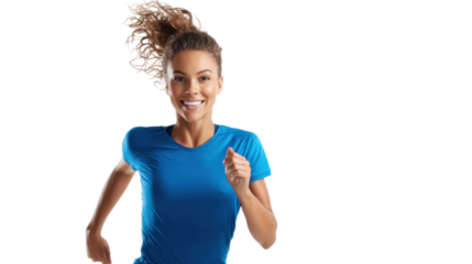 Energized Sprint: A woman runs with radiant energy, her face alight with a joyous smile, embodying the spirit of fitness and wellbeing. 