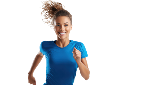 Energized Sprint: A woman runs with radiant energy, her face alight with a joyous smile, embodying the spirit of fitness and wellbeing. 