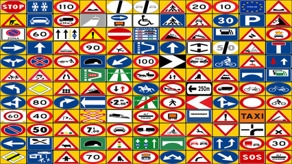 12x11 grid with a total of 132 road signs of many types with the Italian European standard on a yellow background