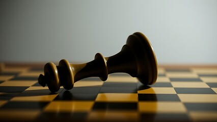 toppled. A fallen king chess piece on a board with dramatic side lighting. event key visuals, club posters, designed for fitness apps and gym onboarding, drives event promotion.