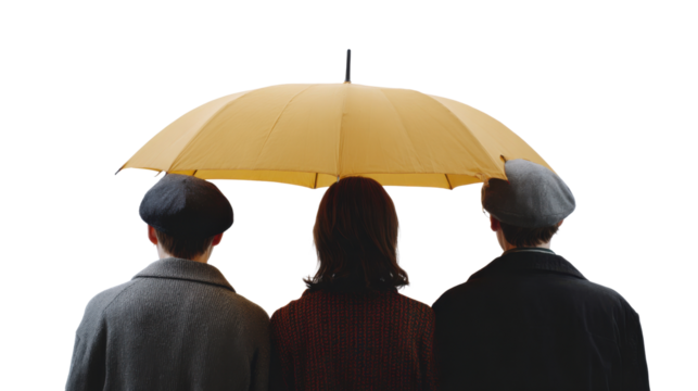 Shelter Under One Umbrella: Three individuals, protected under a large yellow umbrella, find unity against an unseen element, fostering a sense of protection and shared experience. 