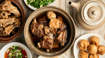 Bak kut teh or Bakut is a pork rib dish cooked in broth, served in Malaysia and Singapore. Bak kut teh and tea pot. Bak kut teh with dough fritters