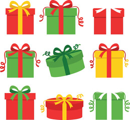 Colorful christmas gift boxes and ribbons set