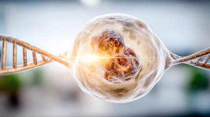 A visually stunning representation of a cell interacting with DNA, symbolizing biological processes and scientific discovery.