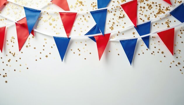 Festive bunting hangs with gold confetti on white. Red white blue triangle pennants create party mood. Decorative garland perfect for holiday event, celebration special occasion decor background. - Powered by Adobe