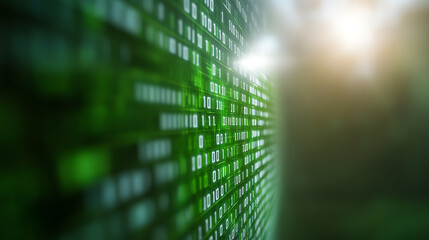 Abstract close-up of binary code with green digits glowing in a dynamic environment, representing digital data and futuristic technology.