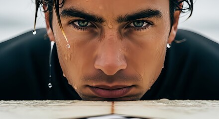 Extreme close-up, low-angle portrait of a wet male surfer with intense green eyes lying on his board.