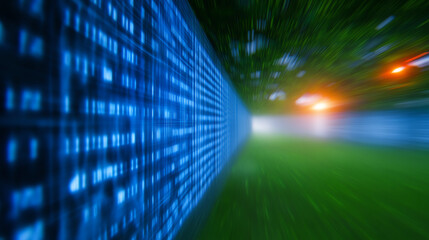 Abstract representation of digital data flow with blue lights and blurred motion, conveying speed and innovation in technology.
