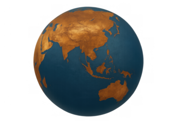 Gold and blue planet earth globe showing asia, australia, and oceania on transparent background