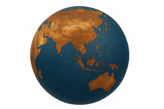 Gold and blue planet earth globe showing asia, australia, and oceania on transparent background