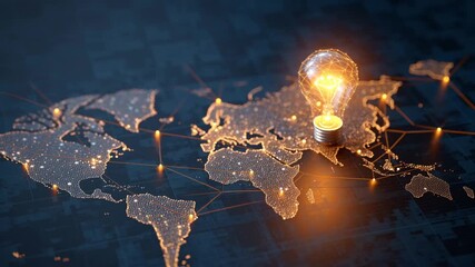 Glowing light bulb illuminating a world map connected by glowing lines representing global connections and ideas - Powered by Adobe
