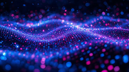 Abstract neon glowing particles forming waves on a dark background with bokeh effect and vibrant colors