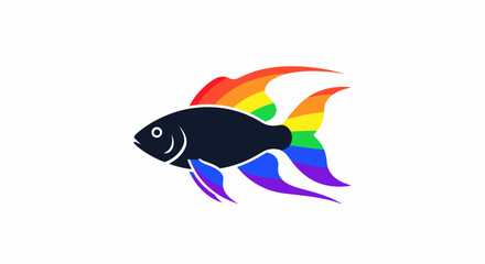 A stylized dark fish with rainbow-colored fins and tail.