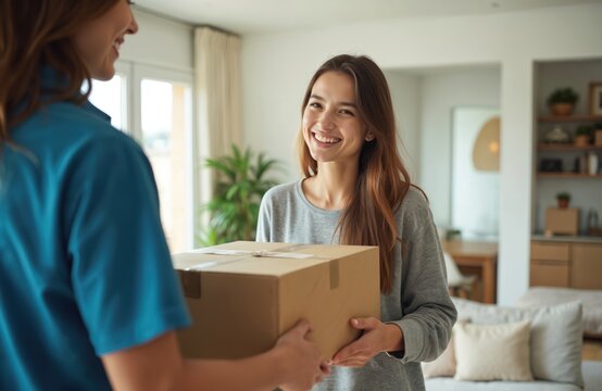 Smiling woman receives package from delivery person at home. Person hands parcel to happy client inside house. Joyful exchange of goods. Order delivery.