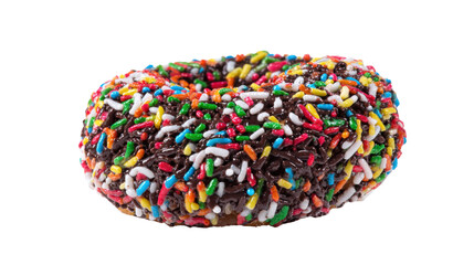 Delicious Sprinkled Delight: A tempting close-up of a chocolate frosted donut generously adorned with colorful sprinkles, showcasing its delectable texture and vibrant appeal.
