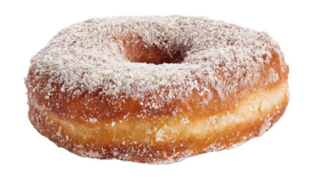 Delightful Doughnut: A close-up shot of a single, perfectly golden doughnut dusted generously with a fine layer of powdered sugar. A sweet, tempting treat that evokes feelings of pure indulgence.