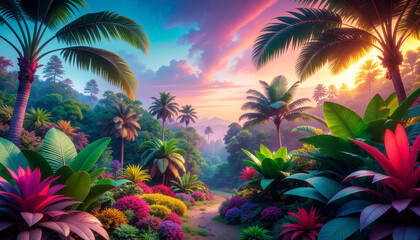 Vibrant tropical jungle concept featuring exotic rainbow-hued plants and painted foli 