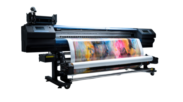 Digital Printing in Action: A large-format printer meticulously crafts vibrant prints. Capturing the process of digital printing 